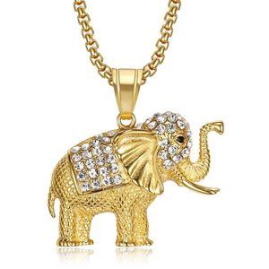 Edelstahl ausgereifter Kristall Elefant Tier Anhänger Halsketten mit Kette Herren Hip Hop Gold Silber Überzogene Schmuck