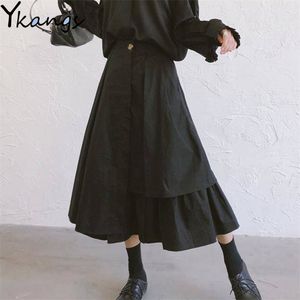 Vintage Yaz Siyah Uzun Pileli Etek Kadınlar Beyaz Yüksek Bel Düzensiz Büyük Salıncak MIDI Gotik Streetwear Saias 210421