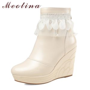 Meotina Genuine Leather Platform Wedge Heels Short Boots Women Shoes Pearl Flower Zip Super High Heel Ankle Boots Winter Beige 210520