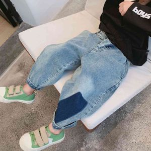 秋の男の子のファッションコントラストカラールーズジーンズ韓国風の到着ヒップホップデニムパンツ210508