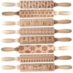 Multi-style Christmas Elk Printing Rolling Pin Wooden Laser Engraved Embossed Rolling Pin Cookie Dough Stick drop 211008