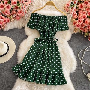 Sexy Slash Neck Off Shoulder Polka Dot Mini Dress Women Elegant Ruffle Short Sleeve A-Line Casual High Waist Vestido Summer 2021 Y0603