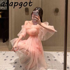 ドレス夏の甘い女の子シックな韓国肩のピンクの網のドレス女性スラッシュネック半袖ストラップvestido Feminino 210429