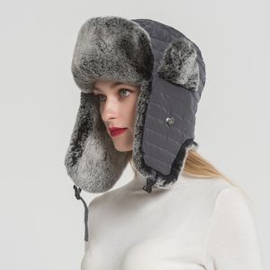 100％Real Rex Rabbit Fur Hat Women's Russian Ushanka Aviator Trapper Snow Skiing Hat Caps Earflap Winter Fur Bomber Hat S2845