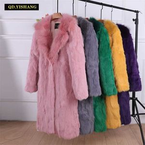 Winter Warm Women Real Rabbit Fur Coat Natural Long Raccoon Collar Sleeve Fashion QD.YISHANG 211220