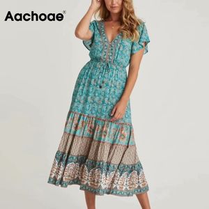 Lato Floral Print Boho Flare Z Krótkim Rękawem Plaża Plisowana Dress V Neck Lady Vintage Długie Suknie Vestidos Mujer 210413