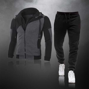 Homens Dois Peça Set Tracksuit Casual Casual Conjunto Patchwork Zipper Hoodie Jacket + Calças Esporte Jogging Masculino Sports Set Inverno X0909