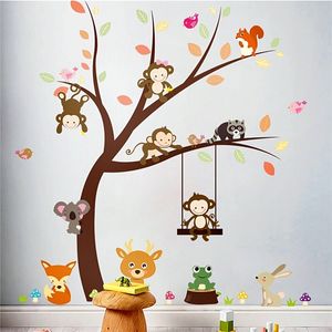 Cartoon Forest Monkey Bird Fox Tree Wall Stickers för barn Rum Dekorationer Djurväggdekaler DIY Väggmålning Konst PVC Posters 210420