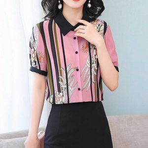 Camisa feminina coreana chiffon blusas para mulheres manga curta feminina top print polo pescoço blusa mulher s 210604