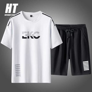 Kısa Kollu Set Erkekler Katı Eşofman Seti Yaz Moda Baskı T-Shirt + Şort 2 PC Jogger Spor Takım Elbise Erkek Giyim Streetwear 210603