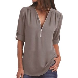 Mulheres Blusas Verão Elegante V Neck Roll Up Manga Longa Zíper Túnica Chiffon Tops Casual Solta Camisa Azul Feminino S-5XL Plus Size 210719