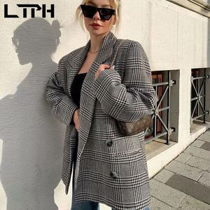 빈티지 houndstooth 여성 블레이저 중간 길이 캐주얼 포켓 블레이저 자켓 긴 소매 두꺼운 숙녀 정장 코트 겨울 210427