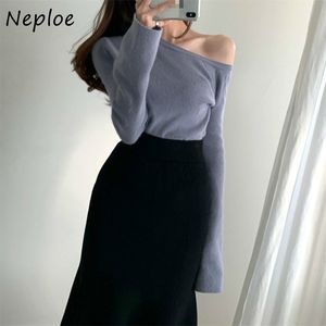 Chic Elegant Suit Sexy Skew Collar Shoulder Strapless Knitted Tops + High Waist Bodycon Mermaid Skirt Women 2 Piese Set 210422