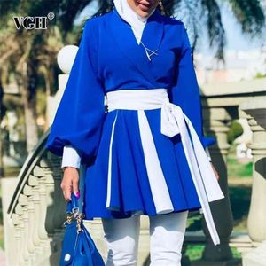 Casual Blue Lace Up Bowknot Trench For Women V Neck Long Sleeve Hit Color Tunic Korean Coats Females Spring Fashion 210531