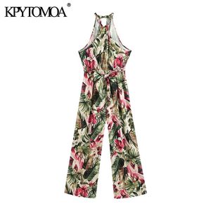 Women Chic Fashion With Belt Floral Print Jumpsuits High Neck Strapless Back Zipper Female Playsuits Mujer 210420