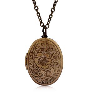 Oval snidad blomma stripe locket hänge halsband kvinnor vintage forntida mässing öppning foto box smycken g1206