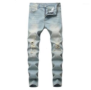 Mens mode tvättar jeans casual denim byxor orolig smal stretch cowboy cyklist hip hop street manliga jeans