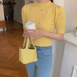 Neploe Knitted Pullover Korean Chic Summer Flower Embroidered Hollow Out Sweater Cropped Tops Short Sleeve Thin Shirt for Women 210422