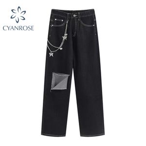 Streetwear Gothic Ripped Jeans Spodnie Kobiety z łańcuchem Punk High Waist Moda Szeroki Noga Dziura Kowbojskie Spodnie Czarne Szyte spodnie 210417