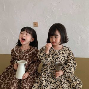 Korean Girl Dress 2021 Autumn New Small Fresh Cute Turndown Collar Print Dress Children Cotton Long Sleeve Casual Princess Dress Q0716