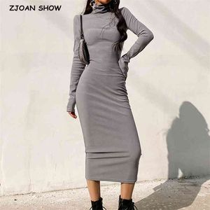 Autumn Turtleneck Long Sleeve Midi Dress Vintage Slim Package hips Bodycon Women Dresses Casual Fashion 210429