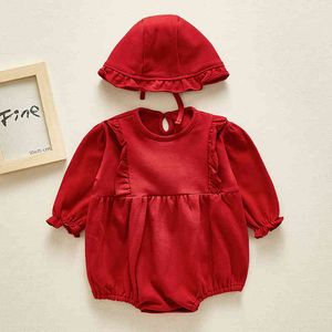 0-2Yrs Spring Autumn Baby Girl Rompers Wine Red Long Sleeves And Hat born Clothes 210429