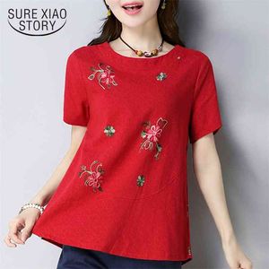 Lato Bawełna Kobiety Bluzka Koszula Moda Plus Size Topy Blusas Kwiatowy Haft Koszulki Odzieżowe D868 30 210506