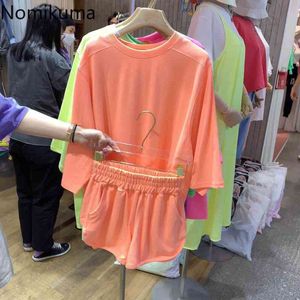 ノミクマ韓国カジュアル2ピースセット女性Oネック半袖ルースTシャツストレッチハイウェイトショーツ夏のスーツの衣装210514