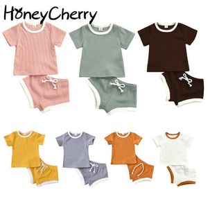 Sommer Baby Set Solide versunkene Streifen Stoff 9 Farben Optionale Kurzärmelige Top Shorts Zweiteiliger Satz Baby Kleidung 210701