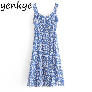 Vintage Prairie Chic Floral Print Dress Women Sleeveless Sexy Hem Slits Midi A-line Female Holiday Summer Chiffon 210514