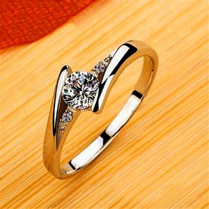 Bonito fêmea pequena redonda zircon anel de pedra vintage cor de prata jóias prometa anéis de noivado de cristal para mulheres