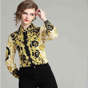 Style Fashion Baroque Wind Totem Print Lappel Långärmad Shirt Blus Kvinnor Vintage Långärmad 210520