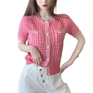 Tunn is silke rund hals stickad cardigan kortärmad kort topp sommar och koreanska mode damkläder 210520