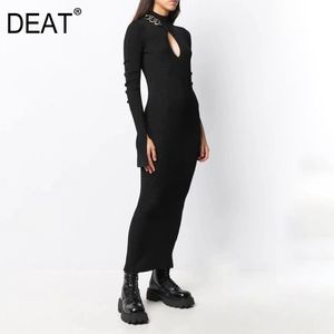 Turtleneck Solid Color Long Sleeve Chain Decoration Mall Goth Bodycon Knitted Maxi Dresses For Women Spring GX447 210421