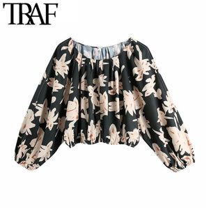 Traf Women Fashion Floral Print beskurna blusar Vintage Lantern Sleeve With Elastic Trims Female Shirts Chic Tops 210415