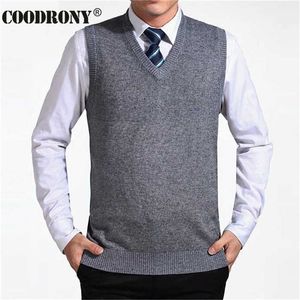 Coodrony Przyjazd Solidny Kolor Sweter Kamizelka Mężczyźni Kaszmirowy Swetry Wełna Sweter Mężczyźni Marka V-Neck Bez Rękawów Jersey Hombre 211221