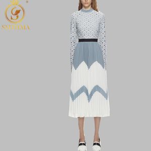 201 High Quality Self Portrait Designer Runway Dress Women's Elegant Embroidery Hollow Lace Patchwork Pleated 210520