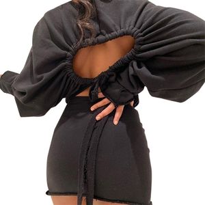 Frauen Kleid plissiert Backless Bandage Wrap Hüfte Hülle Solide Farbe Ganzkörperansicht Normale Ärmel über Knie Sexy Mode 210522