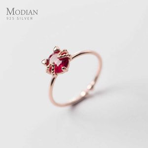 Moda cristallo rosso carino piccolo gatto argento sterling 925 anello per le donne dimensione libera animale animale originale gioielli regalo 210707