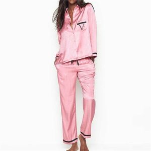 Dois peça definir pijama de inverno para mulheres manga comprida v carta sleepwear loungewear cetim seda pijamas pijamas presente de natal 211112