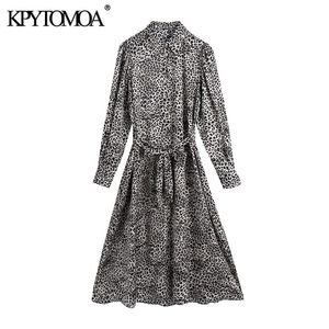 Women Chic Fashion With Belt Leopard Print Midi Dress Vintage Long Sleeve Button-up Female Dresses Vestidos Mujer 210416