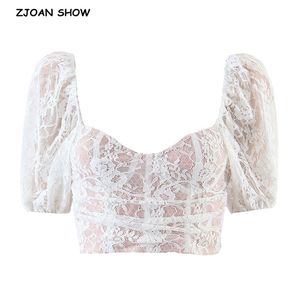 Sexy Back Zipper V neck Ruched Hollow Out Lace Mesh Tank Tops Women Summer Short Sleeve Crop Top Streetwear Cool Girls Tees 210429