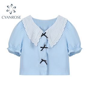 Vintage Japanese Sweet Cute Bow Shirt Kvinnor Sommar Lace Collar Drawstring Korean Style Puff Sleeve Blouse Toppar Kvinna 210515