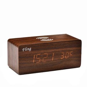 FLING Alarm Clock Stylish Wireless Charging Wooden Watch Desktop LED Digital Clock Holiday Gifts Home Decroration 211112