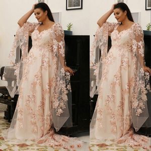 Arabisk rodnad rosa sexig skopa hals prom klänningar spetsapplikationer 3d blommor långa ärmar illusion svep traiin plus storlek formella aftonklänningar 403