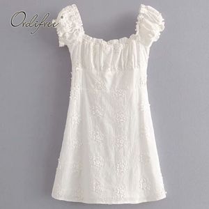 Summer Women White Party Krótki Rękaw Haft Wzburzyć Pojedyncze Breasted Sweet Vacation Beach Mini Dress 210415