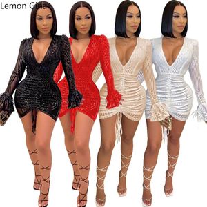 Casual Kleider Lemon Gina Sexy Chic Frauen Minikleid Schlank Tiefem V-ausschnitt Laterne Hülse Pailletten Bodycon Weibliche Nachtclub Party Outfits