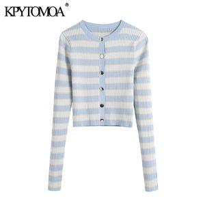 Mulheres moda listrada colhida de malha cardigan camisola vintage manga comprida feminina outerwear chique tops 210416