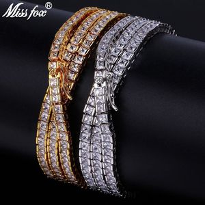 MISSFOX HIP Hop 4mm All Iced Out Mens Bling Square Cut Lab Simulated 24K Gold Plated AAA CZ Stones Tennis Chain 18-30 Inches X0509