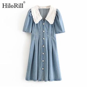 Sommer Chic Patchwork Denim Kleid Frauen Puff Kurzarm Plissee Drehen Unten Kragen Casual Button Up es 210508